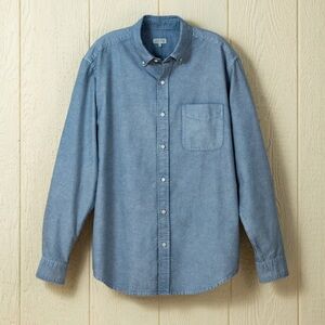 Quaker Marine Garment Dyed Oxford Stripe Shirt in Chambray Blue